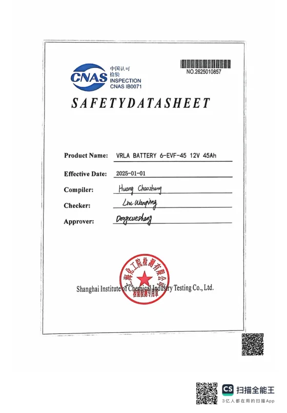 Safety Data Sheet for a 6-EVF-45 12V 45Ah valve-regulated lead-acid battery