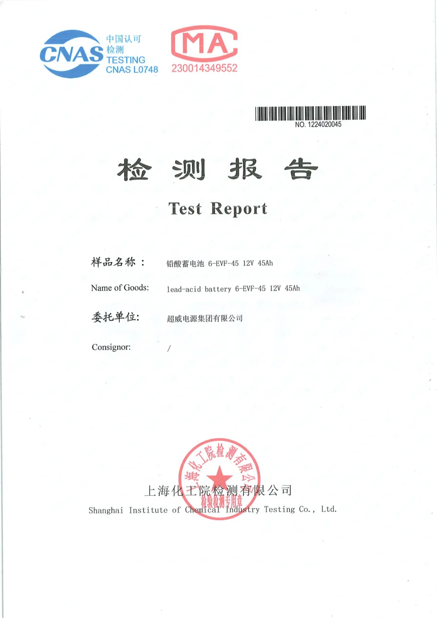 Independent test report for a 6-EVF-45 12V 45Ah lead-acid battery
