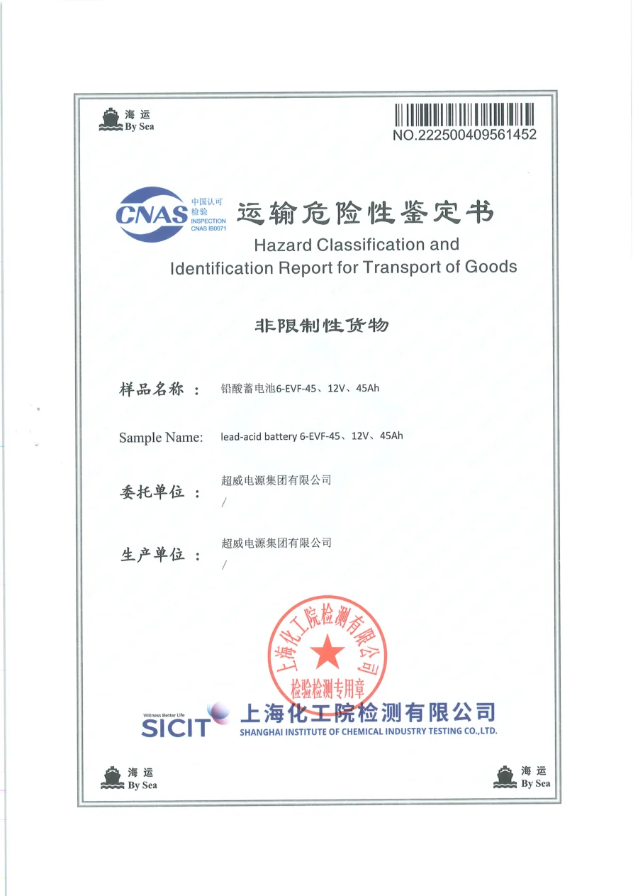Sea transport hazard classification report for a 6-EVF-45 12V 45Ah lead-acid battery